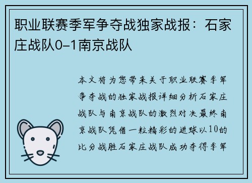 职业联赛季军争夺战独家战报：石家庄战队0-1南京战队